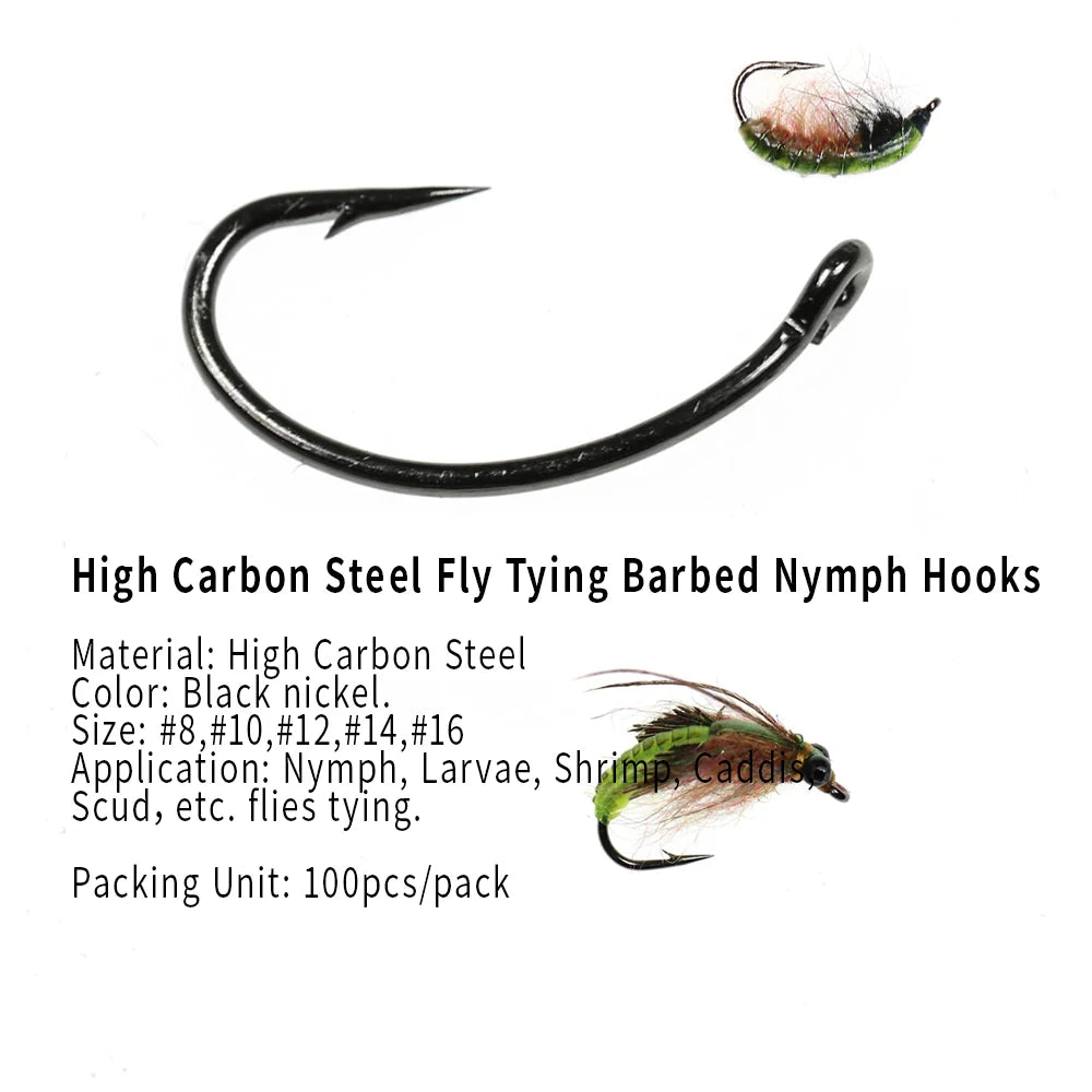 Reel Nauti Fly Tying Hooks – Curved Shank Barbed Nymph Hooks (100PCS)
