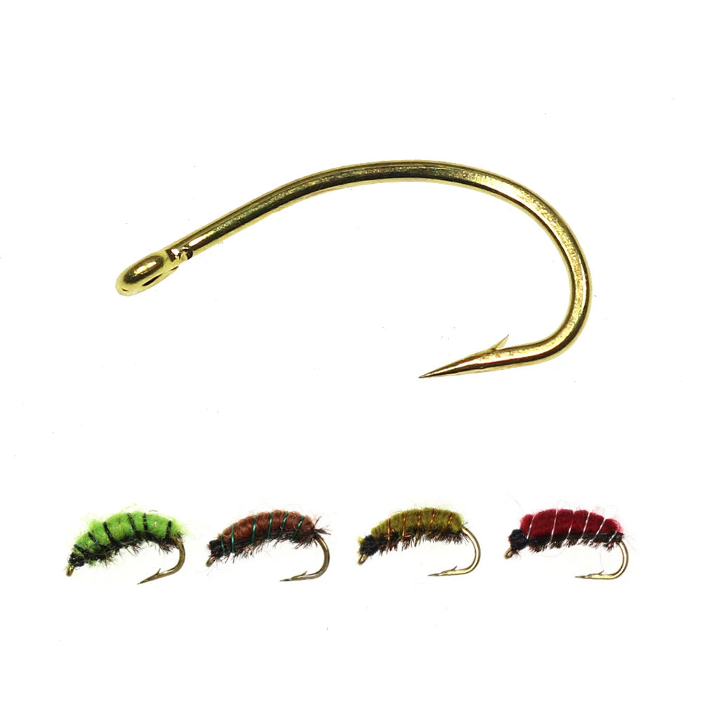 200PCS Gold Color Fly Hook Nymph Scud Midge Caddis Shrimp Fly Tying Hook #10 #12 #14 #16 Fly Fishing Hook