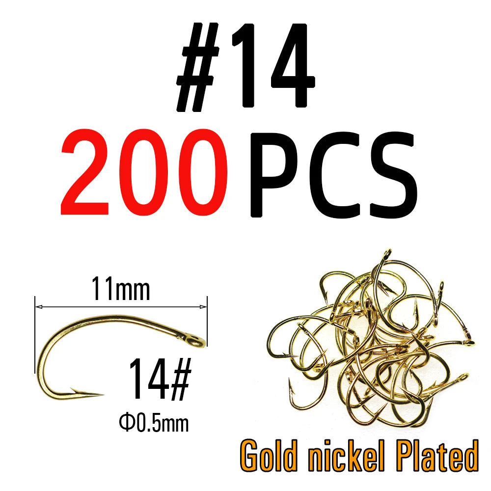 200PCS Gold Color Fly Hook Nymph Scud Midge Caddis Shrimp Fly Tying Hook #10 #12 #14 #16 Fly Fishing Hook