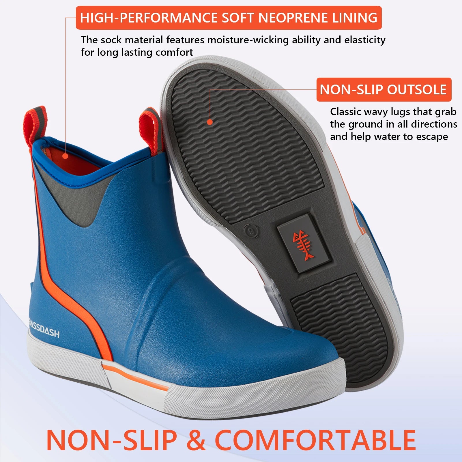 BASSDASH Men’s Waterproof Deck Boots – 6” Anti-Slip Fishing & Boating Boots