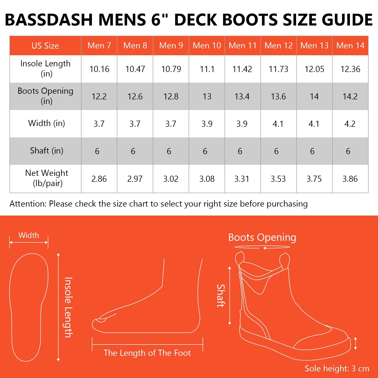 BASSDASH Men’s Waterproof Deck Boots – 6” Anti-Slip Fishing & Boating Boots