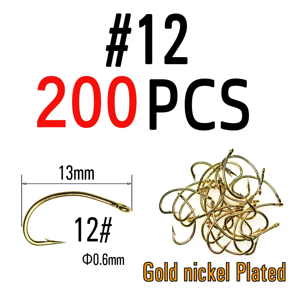 200PCS Gold Color Fly Hook Nymph Scud Midge Caddis Shrimp Fly Tying Hook #10 #12 #14 #16 Fly Fishing Hook