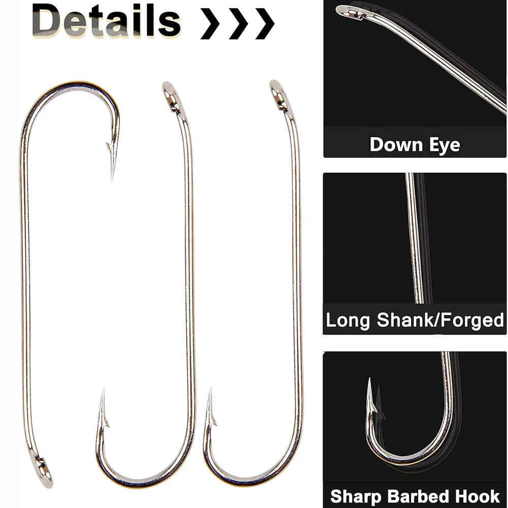 JSHANMEI Fly Tying Long Shank Hooks – High Carbon Steel Barbed Hooks (100PCS)