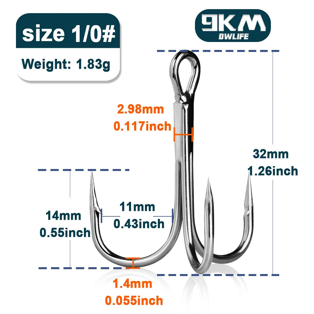 9KM DWLIFE High Carbon Steel Treble Hooks