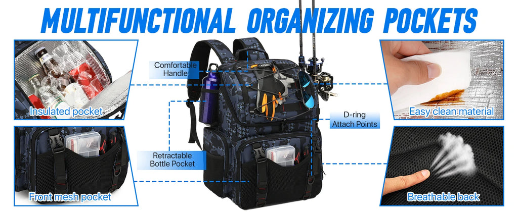 45L Fishing Backpack Cooler – Tackle Storage Bag with Rod Holders & Rain Cover