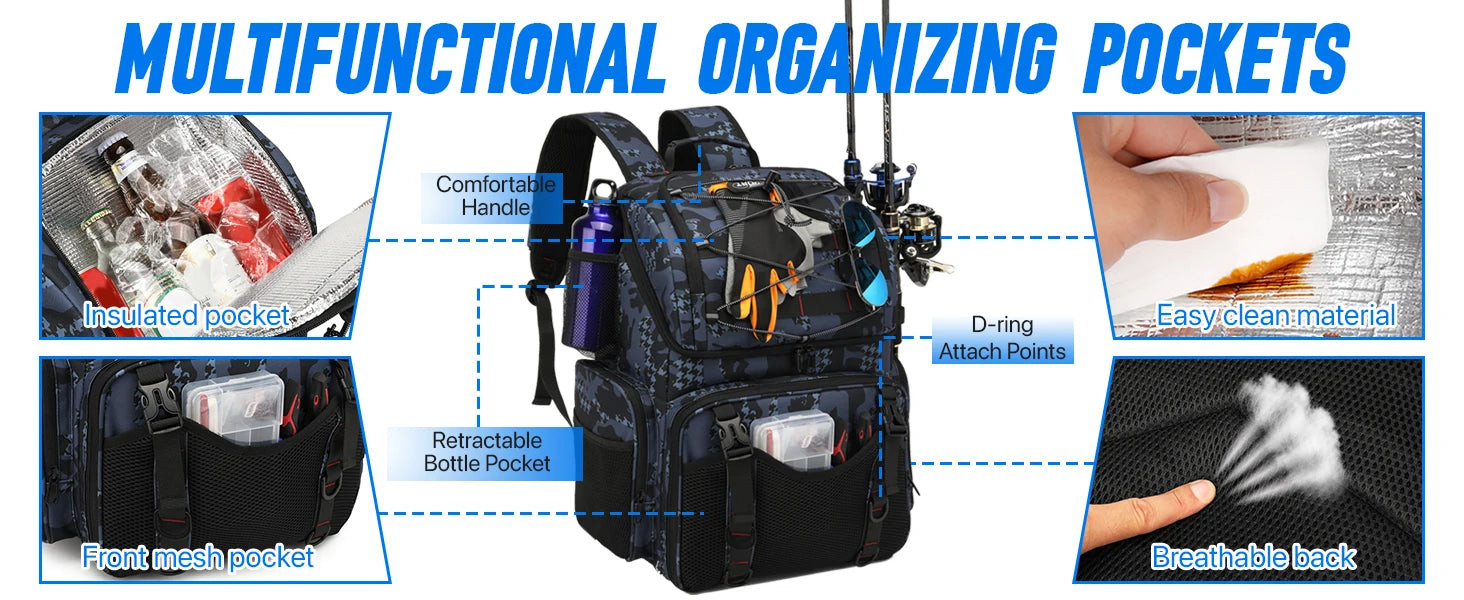 45L Fishing Backpack Cooler – Tackle Storage Bag with Rod Holders & Rain Cover