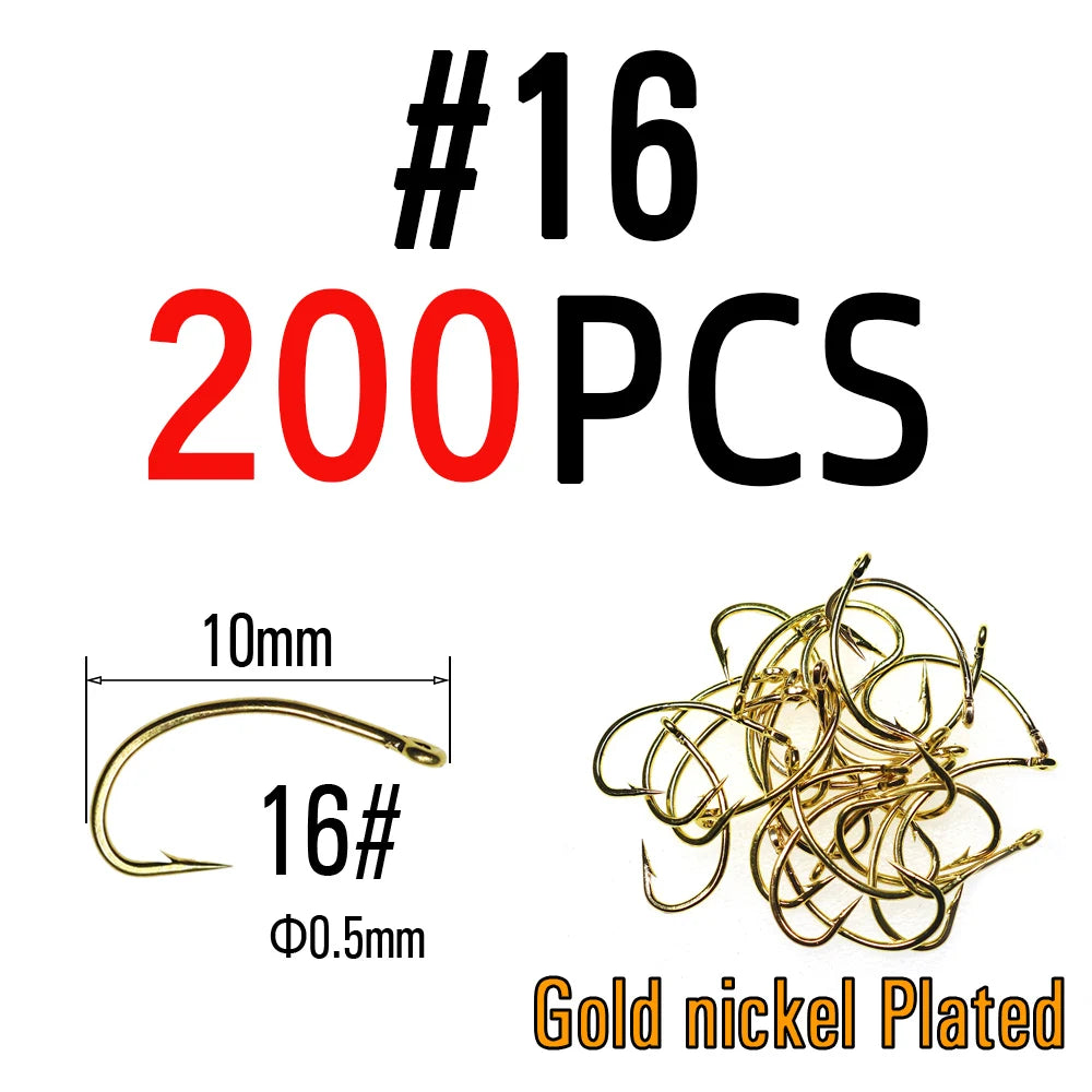 200PCS Gold Color Fly Hook Nymph Scud Midge Caddis Shrimp Fly Tying Hook #10 #12 #14 #16 Fly Fishing Hook