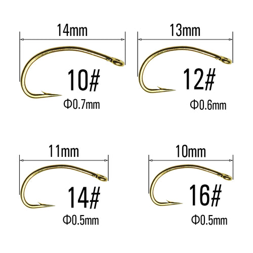 200PCS Gold Color Fly Hook Nymph Scud Midge Caddis Shrimp Fly Tying Hook #10 #12 #14 #16 Fly Fishing Hook
