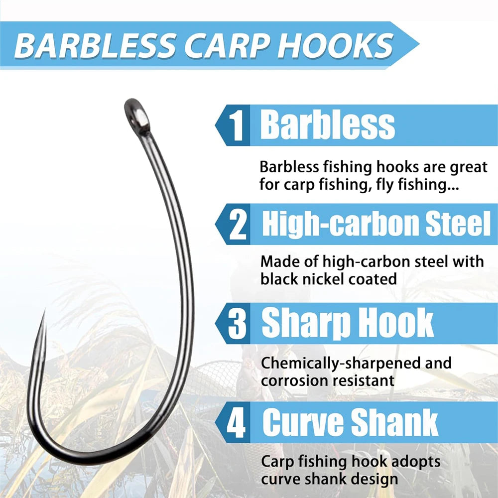 High Carbon Steel Barbless Carp Fishing Hooks – 180-Piece Assortment