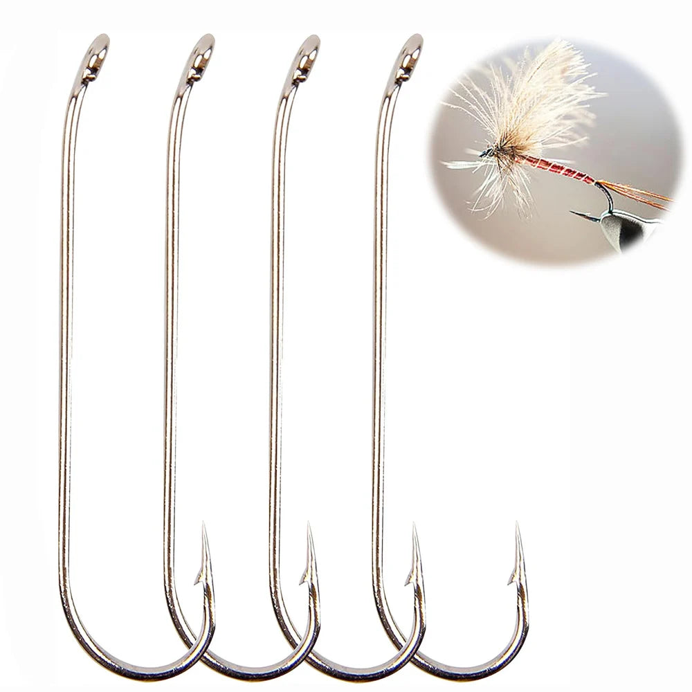 JSHANMEI Fly Tying Long Shank Hooks – High Carbon Steel Barbed Hooks (100PCS)