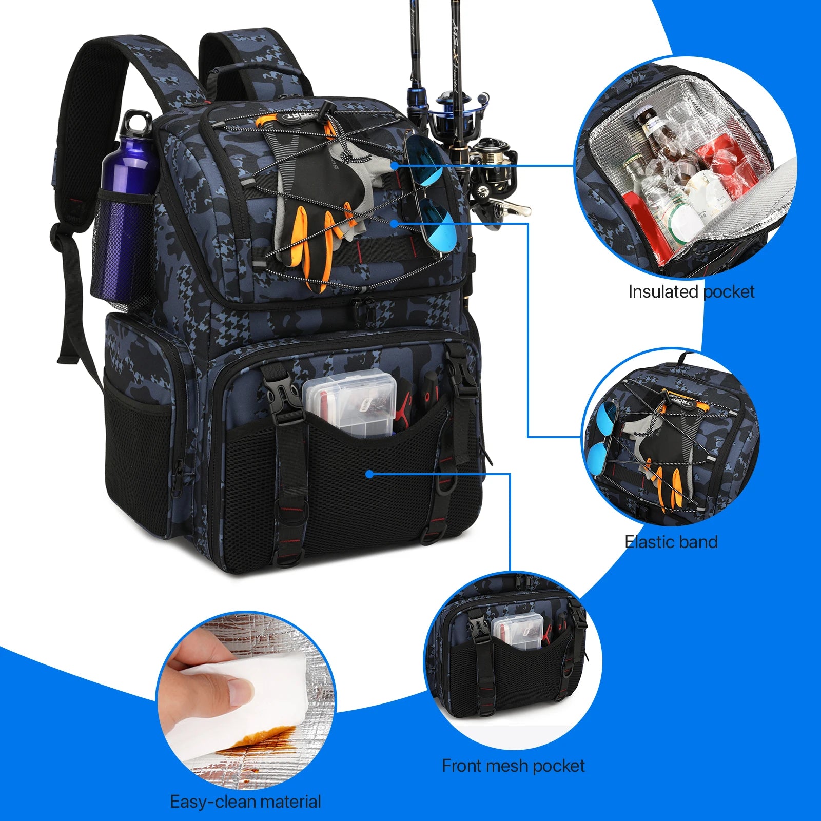 45L Fishing Backpack Cooler – Tackle Storage Bag with Rod Holders & Rain Cover