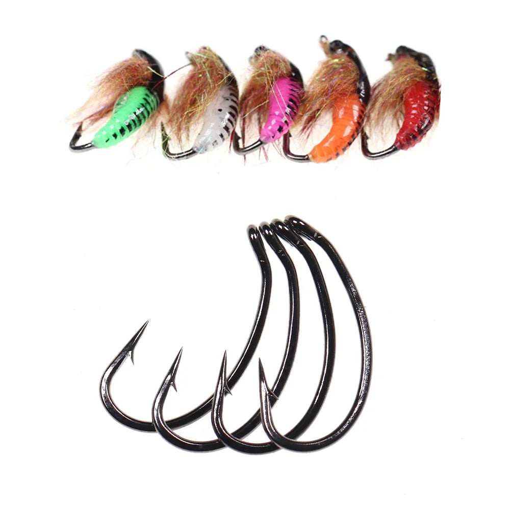 Vampfly Curved Shank Nymph Fly Tying Hooks – Barbed Scud &amp; Shrimp Hooks (50PCS)