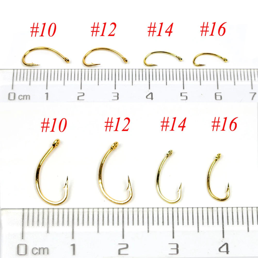 200PCS Gold Color Fly Hook Nymph Scud Midge Caddis Shrimp Fly Tying Hook #10 #12 #14 #16 Fly Fishing Hook