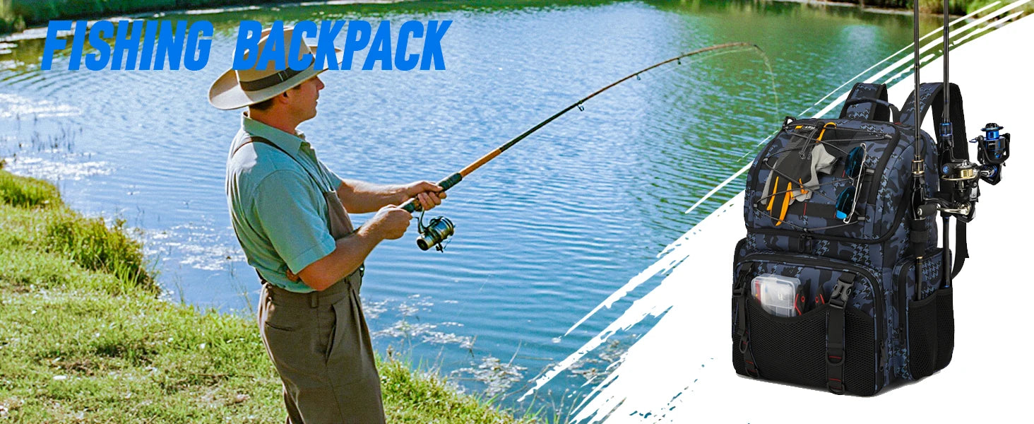 45L Fishing Backpack Cooler – Tackle Storage Bag with Rod Holders & Rain Cover