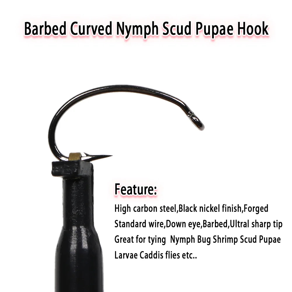 Vampfly Curved Shank Nymph Fly Tying Hooks – Barbed Scud &amp; Shrimp Hooks (50PCS)